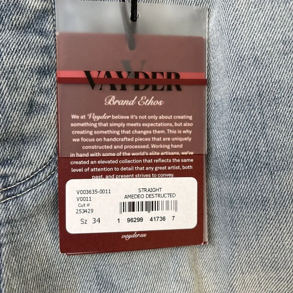 VAYDER Straight Jeans Mens 34 V0036535 0011 Five-Pocket Zip Fly Button Closure